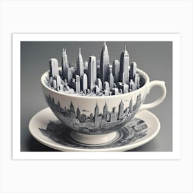 A White Teacup And Saucer With A Miniature City, Reminiscent Of New York City, Perched Inside Art Print