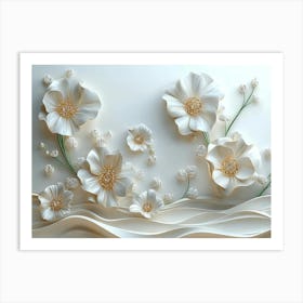 3d Artwork Illustration White And Blue Background With Golden Jewelry And Flowers Painting Art Print