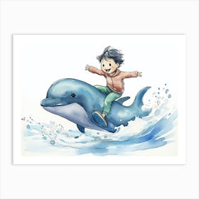 Happy Toddler Riding A Dolphin Art Print