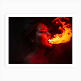 Portrait Of A Woman Ablaze With Flames Licking At Her Silhouette Mesmerizing Scarlet Gaze Piercing Art Print