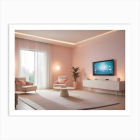 A Living Room With Pink Walls, White Furniture, Two Pink Armchairs, And A Large Screen Tv Displaying A Smart Home Interface Art Print