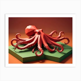 A Red Low Poly Octopus With Its Tentacles Curled Sits On A Green Hexagonal Platform Against An Orange Background Art Print