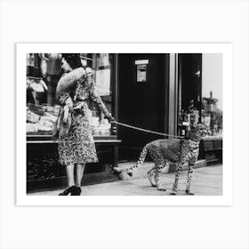 Cheetah And Woman, Leopard On A Leash, Black and White Old Photo, Vintage Fashion Art Print