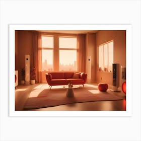 A Living Room With Beige Walls, A Red Couch, A White Coffee Table, And Two Large Speakers With Glowing Red Lights Art Print