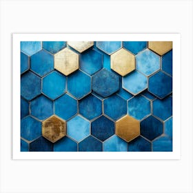 Geometric Hexagon Abstraction On Blue Background With Gold Accents Art Print