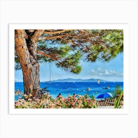 Serene Summer at the Var Riviera. A picturesque view of the Var Riviera coastline, showcasing a vibrant seaside scene with blooming flowers, sunbathers under a majestic pine tree, and sailboats drifting on the sparkling azure waters. Art Print