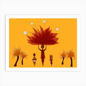 Black Woman Kids Big Flower Trees Red Yellow Art Print