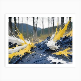 An Image Of A Blue, White, And Yellow Paint Splatter On A Dark Background, Set Against A Blurred Backdrop Of A Forest Art Print