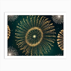 Abstract Background With Stylized Fireworks In Gold Against A Dark Green Background With Scattered Gold Stars Art Print