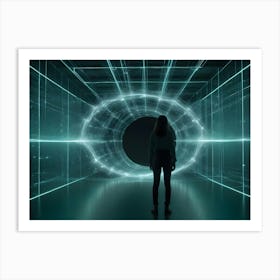 A Woman In Silhouette Stands In A Dark Room With A Glowing, Green Portal In The Background Art Print