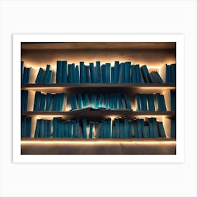 Wooden Bookshelf Filled With Teal Books, Illuminated By Warm Led Lights, With One Book Open In The Center Art Print