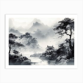 Black White Painting River Scene Art Print