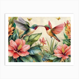 Vintage Tropical Background With Protea, Hibiscus Flowers, Leaves, Hummingbirds, Butterflies Painting Art Print