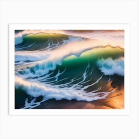 Powerful, Turquoise Ocean Waves Crash On A Sandy Shore At Sunset, Creating A Dramatic Display Of Light And Motion Art Print