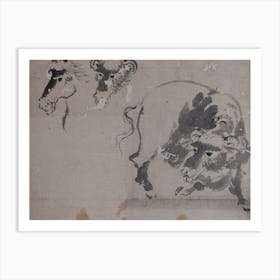 Drawing Of A Bison, And Heads Of A Bison And Horse, Katsushika Hokusai Art Print