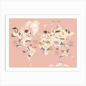 Modern World Map With Animals In Pink Art Print
