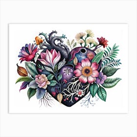 Watercolor Painting Of A Heart Composed Of Flowers And Vines Art Print