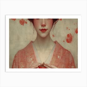 Geisha Grace: Elegance in Burgundy and Grey. Girl In Kimono Art Print