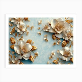 Gold Flowers On A Blue Background Art Print