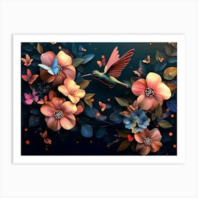 Beautiful Summer Blooms, Butterflies, And Hummingbirds In 3d Against A Background Of Dark, Vibrant Colors Art Print