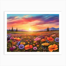 Sunset Flowers paintings art print Art Print