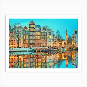 Beautiful Reflection In Amsterdam Canals At Dusk Art Print