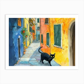 Black Cat In Verona, Italy, Street Art Watercolour Painting 4 Art Print