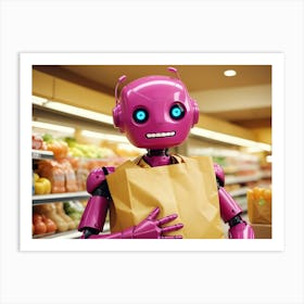 A Pink Robot Holding A Yellow Shopping Bag In A Supermarket Aisle Art Print