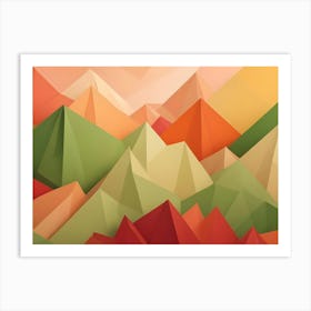 An Abstract Image Of Geometric Mountains In Shades Of Red, Orange, Green, And Yellow, Creating A Dynamic And Layered Landscape Art Print