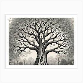 Black And White Detailed Illustration Of A Majestic Tree With Intricate Branches Art Print