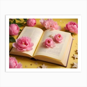 An Open Book With Antique Handwritten Text Lies On A Yellow Background Surrounded By Pink Peonies And Golden Stars Art Print