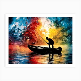 Silhouette of a man fishing on boat - Acrylic oil painting  #1 Art Print