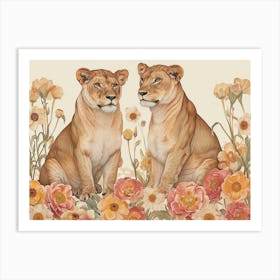 Floral Animal Illustration Lion 2 Art Print