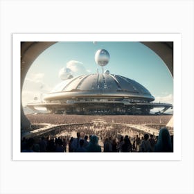 Earthlings huddled together in a bustling spaceport Art Print