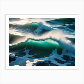 Powerful Ocean Waves With Vibrant Green Hues And White Foam Crashing Against Each Other, Illuminated By The Sun, Showcasing The Beauty And Energy Of The Sea Art Print