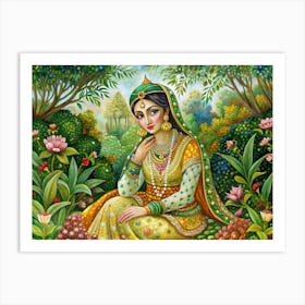 Elegant Indian Woman In A Green And Yellow Outfit, Sitting In A Flower Garden Art Print