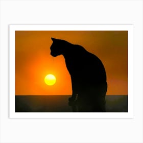 Silhouette Cat At Sunset Art Print