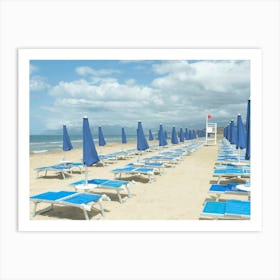 Blue Italian Umbrellas - Sicilian Beach Sunbeds - Italy Travel Photography Art Print