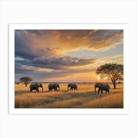 The Wild Expanse of Africa Elephants At Sunset Art Print