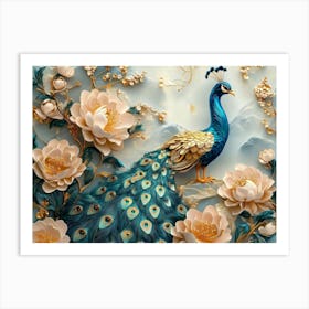 3d Peacock With Golden Jewelry And Flowers 1 Art Print