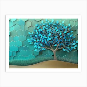 A Vibrant 3d Tree Artwork with Delicate Turquoise and Blue Leaves, Standing on a Gentle Affiche