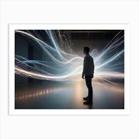 A Man Observes Flowing Lines Of Light In A Dark Room, Experiencing A Digital Art Installation Art Print