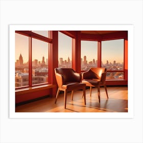 Two Brown Leather Chairs Are Positioned In A Corner Room With Large Windows Offering A Panoramic View Of A City Skyline At Sunrise 1 Art Print