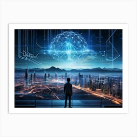 A Panoramic Illustration Of High Technology The Brain Represented As A Complex Server Emitting Stre Art Print