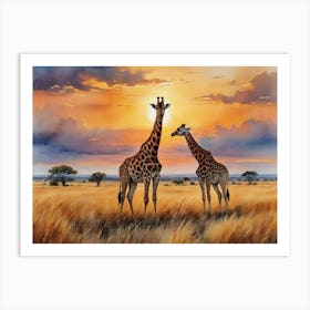 Life in the Savannah's Glow Giraffes At Sunset Art Print