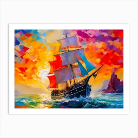 Sailing Ship At Sunset Art Print