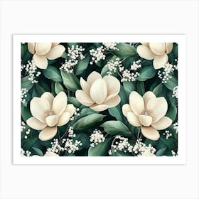 Magnolia Flowers Seamless Pattern, Luxury Floral Art Print