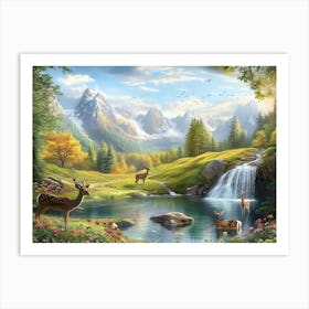 Nature Valley Meadow Beautiful Place Background with Mountains, Deer Animals, Flowers Art Print