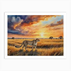 Harmony in the Grasslands Cheetah At Sunset Art Print