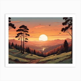 A Vibrant Illustration Of A Mountain Landscape With A Sunset Sky And A River Winding Through The Valley 1 Art Print